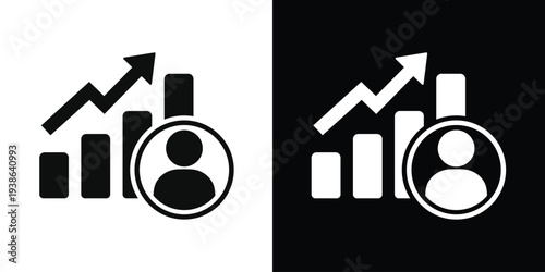 Business growth chart with rising arrow and user profile icon. Vector illustration symbolizing professional career development, personal success, and individual performance tracking.