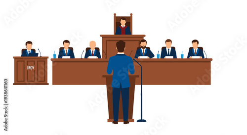 A male speaker addresses a panel of seven men and a central judge figure seated behind a large wooden table in a courtroom setting.