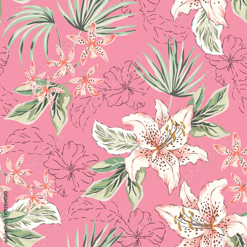 Tropical orchid flowers, lilies, palm leaves, pink  background. Vector seamless pattern. Jungle foliage illustration. Exotic plants. Summer beach floral design. Paradise nature