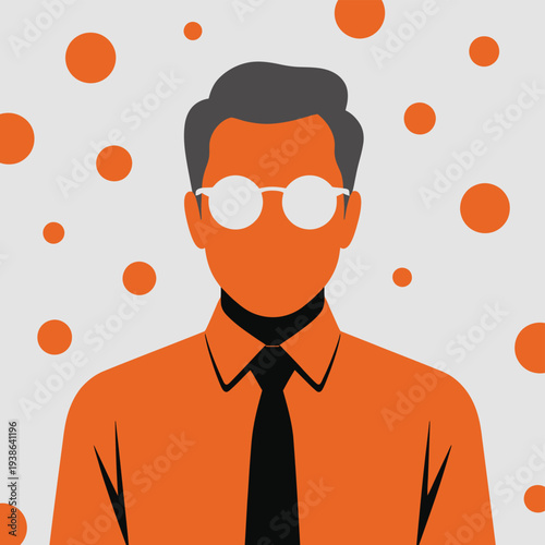 A stylized man wearing glasses and a collared shirt stands against a polka dot background.