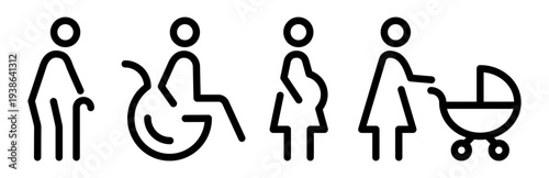 Priority queue outline icon set. Pictograms of elderly person with cane, wheelchair user, pregnant woman and parent with baby. Accessibility symbols for public transport, stations and facilities. 