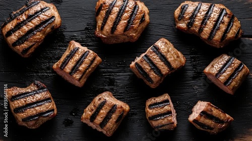 Grilled Steak Delight: An overhead perspective of perfectly grilled steak pieces with sear marks arranged invitingly, ready to savor a delicious meal.