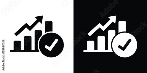 Business bar graph with a rising arrow and a checkmark icon. Symbolizes verified success, approved growth targets, validated data, and positive performance results achievement.