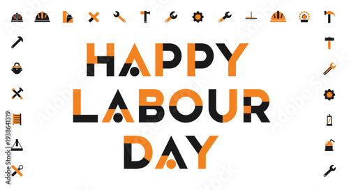 Set of Labour Day icons and typography vector
