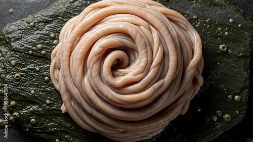 Spiral Intestine Texture: A close-up view reveals the intricate textures of a spiral of intestine, offering a unique perspective on this culinary ingredient. 