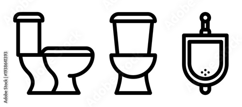Toilet and urinal outline icon set. Restroom symbols showing toilet bowl and urinal for bathroom signage, sanitation, hygiene and public facility navigation. Vector pictogram with editable stroke.