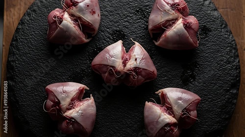 Raw Meat Arrangement: A culinary presentation of expertly cut raw meat pieces arranged artfully on a dark, textured surface, ready for preparation or display.