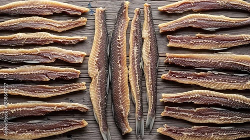 Salted Fish: A meticulously arranged assortment of salted fish, laid out on a weathered wooden surface, presents an appetizing display of a treasured culinary tradition.