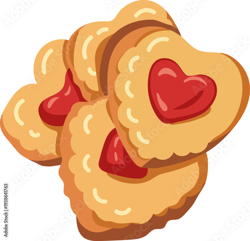 Stack of heart shaped jam cookies with red fruit filling. Sweet bakery dessert illustration in flat vector style isolated on light background. Perfect for Valentine’s Day design, bakery menu, pastry s