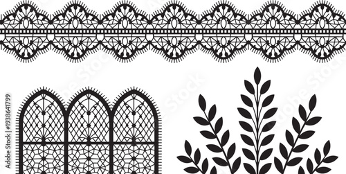 Black lace, leaf, and window pattern designs on white background