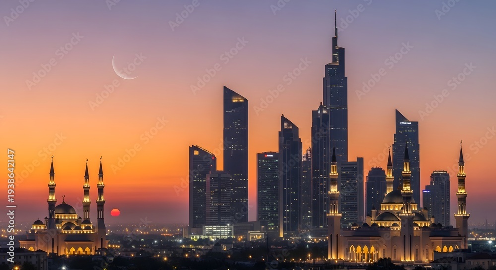 Fototapeta premium Dubai skyline at dusk with crescent moon Eid Mubarak celebration backdrop