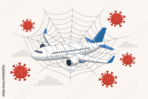 Airline Industry Crisis Illustration with Airplane Trapped in Spider Web and Coronavirus Particles Representing Travel Restrictions, Grounded Flights, and Economic Impact of COVID-19 Pandemic