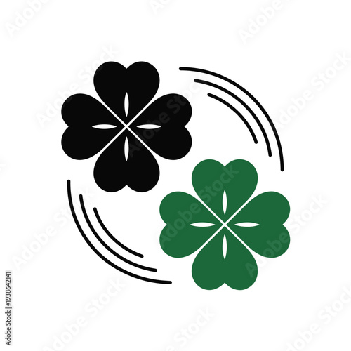 Two four-leaf clovers, one black and one green, spin in a circular motion with swirling lines.