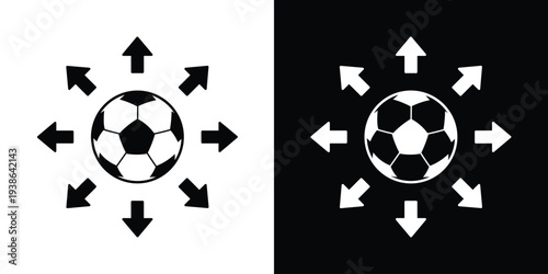 Soccer ball icon with radial arrows, symbolizing international sports broadcasting, global football fandom, tournament distribution, and athletic community expansion.