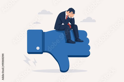 Sad Businessman Sitting on a Giant Thumbs Down Icon Representing Failure, Negative Feedback, and Burnout. Depressed Man in Suit Feeling Exhausted, Demotivated, and Stressed After a Work Mistake.