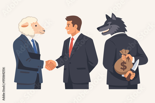 Dishonest business deal metaphor with wolf in sheep's clothing, businessman shaking hands with sheep while hidden wolf holds knife and money bag, concept of fraud, scam, betrayal, and deception.