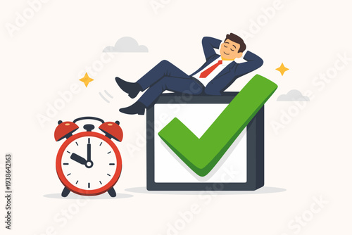 Businessman Relaxing on a Large Checkbox After Completing Tasks on Time, Concept of Productivity, Efficiency, and Meeting Deadlines with an Alarm Clock, Successful Work Completion Illustration.