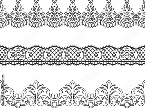 Lace trim borders, intricate floral patterns, elegant black and white designs