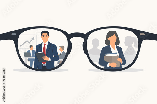 Gender bias and sexism in the workplace concept with glasses showing a clear view of a businessman and a blurred view of a businesswoman, representing social prejudice and career inequality.