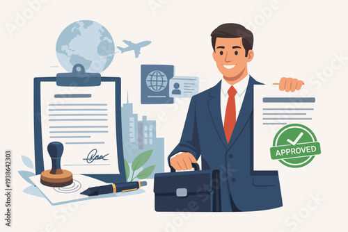 Businessman Holding Approved Work Permit Document and Employment Contract Agreement with Stamp, Passport, and Globe for International Job Relocation, Immigration, and Legal Career Paperwork