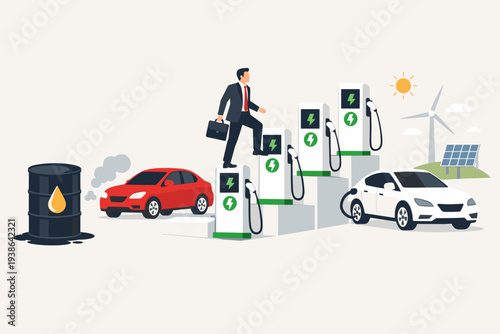 Businessman Stepping Up Electric Vehicle Charging Stations Representing Global Transition from Fossil Fuel Oil to Clean Renewable Energy and Electric Cars with Solar Panels and Wind Turbines