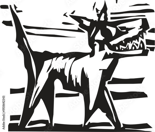 Woodcut style simple primitive dog