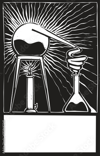Woodcut style image of a scientific experiment with alembric and beaker