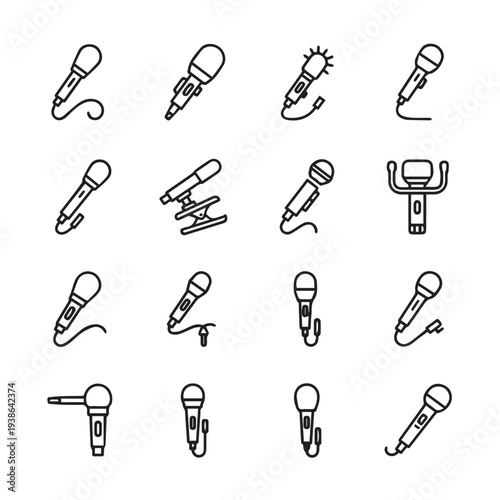 Microphone Icons Collection: Various Styles and Configurations for Audio and Music Concepts