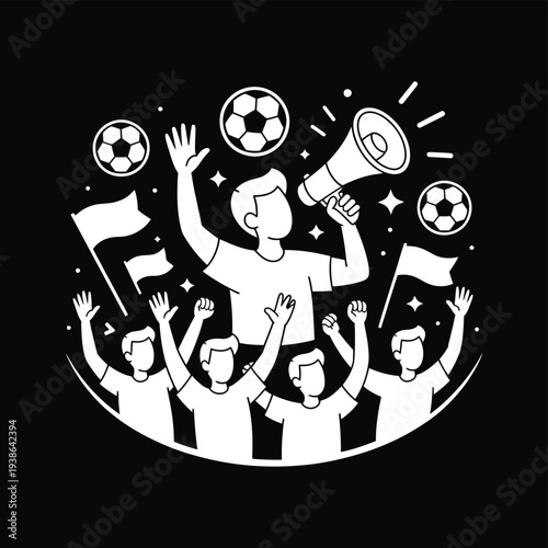 A crowd of enthusiastic sports fans cheer with a megaphone and flags.