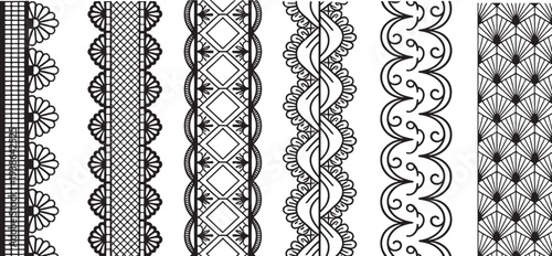 Set of ornate black and white lace border designs and patterns