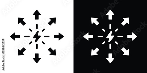 Lightning bolt flash icon with dashed lines and arrows pointing outward. Represents energy distribution, power supply, fast innovation, inspiration, and electrical transmission.