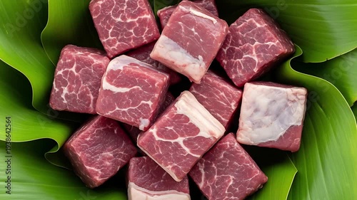 Fresh Cuts: A captivating overhead shot unveils succulent, meticulously cut pieces of raw meat nestled within a bed of fresh, vibrant green leaves.