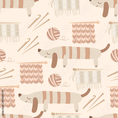 Knitting and crochet seamless pattern with yarn, needles and knitted dog