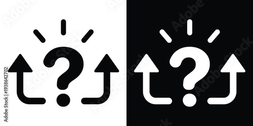 Large question mark icon with upward curving arrows and light rays. Symbolizes finding solutions, creative thinking, decision making, guidance, and answering complex problems.