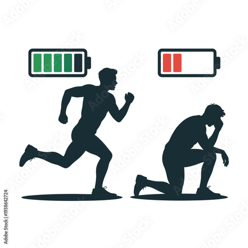 Athletes depicted in silhouette with full and depleted battery indicators above them.
