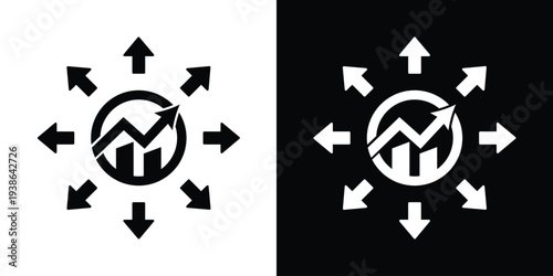 Financial bar chart and rising arrow inside a circle with outward arrows. Represents market expansion, economic growth, profit distribution, and global business scaling.