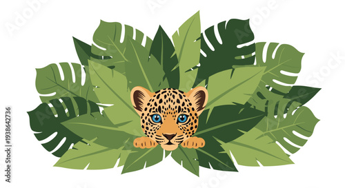 A small cute baby leopard's head with bright blue eyes and tiny paws peeks out from a dense cluster of green tropical leaves.