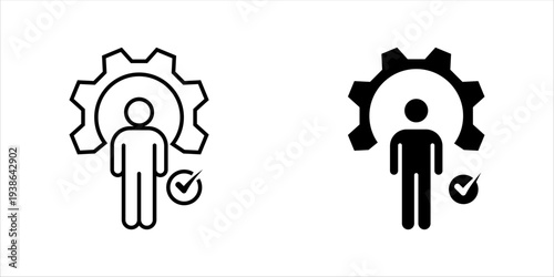 Line icon set. of user inside gear with check mark symbol representing verified user access, system approval, authentication, and account management in digital platforms.