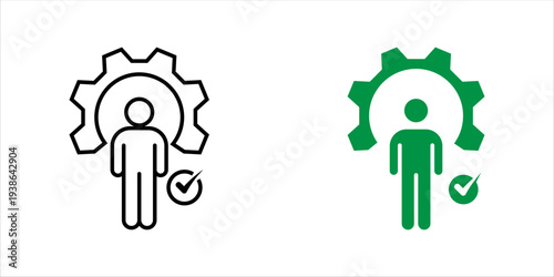 Line icon set. of user inside gear with check mark symbol representing verified user access, system approval, authentication, and account management in digital platforms.