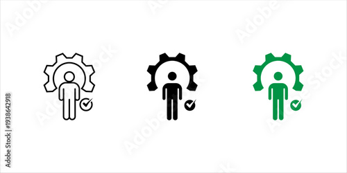 Line icon set. of user inside gear with check mark symbol representing verified user access, system approval, authentication, and account management in digital platforms.