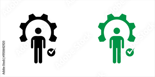 Line icon set. of user inside gear with check mark symbol representing verified user access, system approval, authentication, and account management in digital platforms.