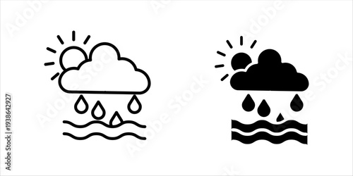 Minimal outline weather icon set. of cloud with rain drops and sun symbol representing rainy weather forecast, climate conditions, and meteorology concept.