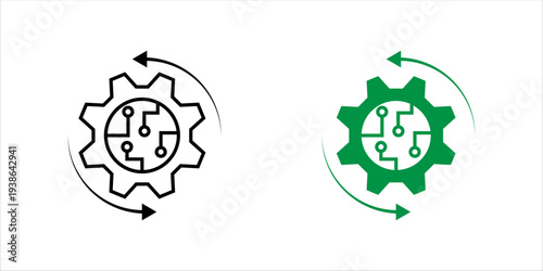 Outline icon set. showing gear with circuit elements and circular arrows representing digital automation, technology system integration, artificial intelligence process, and smart industry concept.
