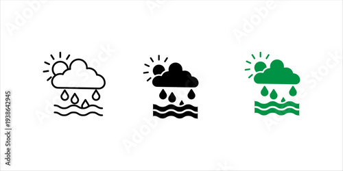 Minimal outline weather icon set. of cloud with rain drops and sun symbol representing rainy weather forecast, climate conditions, and meteorology concept.
