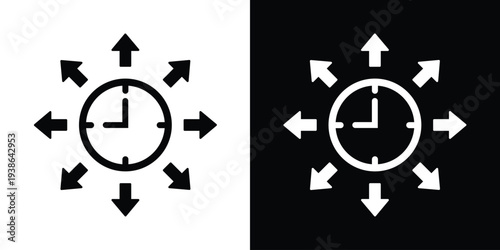 Analog clock icon centered within a circle of eight arrows. Concept for time distribution, global scheduling, deadline management, productivity, and time zone coordination.