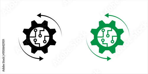 Outline icon set. showing gear with circuit elements and circular arrows representing digital automation, technology system integration, artificial intelligence process, and smart industry concept.