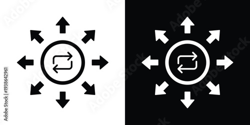 Minimalist icon featuring two horizontal arrows in a loop surrounded by multi-directional arrows. Represents data exchange, money transfer, synchronization, and information sharing systems.