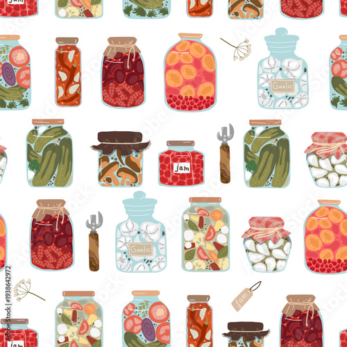 Seamless pattern with homemade canning jars. Flat illustration of glass jars filled with preserved vegetables, pickles and jam. Farmhouse food preservation design.