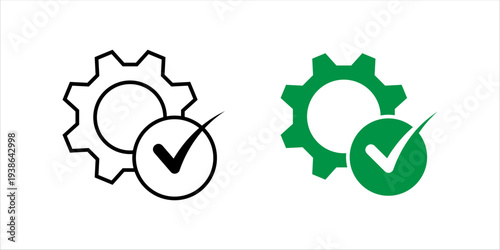 Minimal line icon set. of gear with check mark symbol representing system verification, process validation, quality control, and approved settings in technology or business workflow.