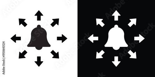 Minimalist bell icon with eight arrows pointing in different directions. Ideal for representing alert systems, emergency notifications, broadcast reminders, and multi-platform push alerts.